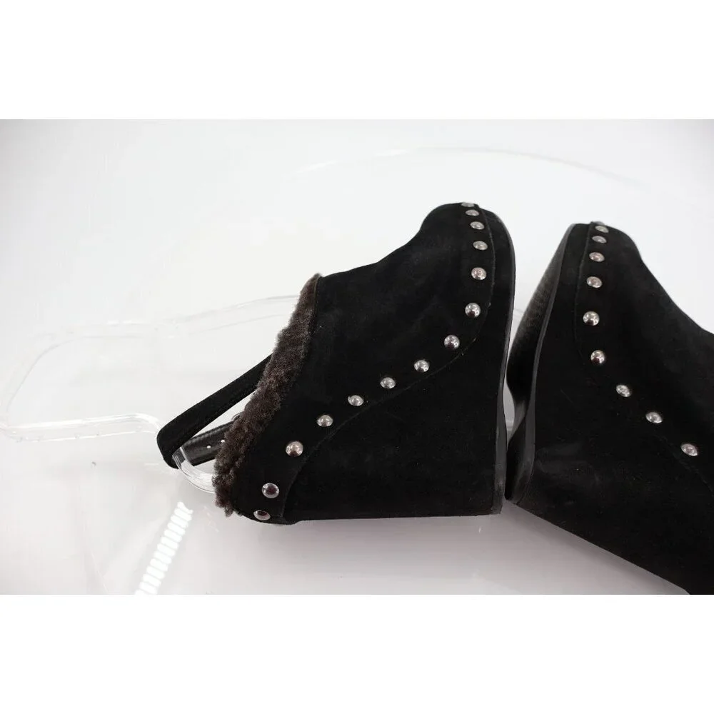 Stuart Weitzman Clogger Mules Women's Size 5.5 Black Wedge Platform Suede Fur